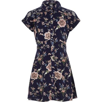 Girls navy floral print shirt dress